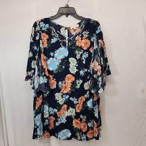 Umgee Size XL Oversized Floral Flutter Sleeves Tunic Shirt I15